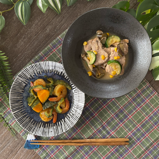 豚ヒレみそとエビ夏野菜のスパイシープレート
