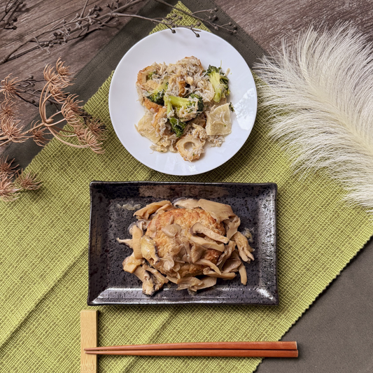 和風きのこハンバーグとしらすおかかの食べごたえプレート