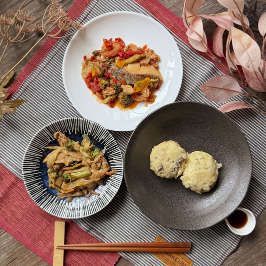 魚介トマト煮と鶏軟骨ジャンボ焼売のバランスプレート
