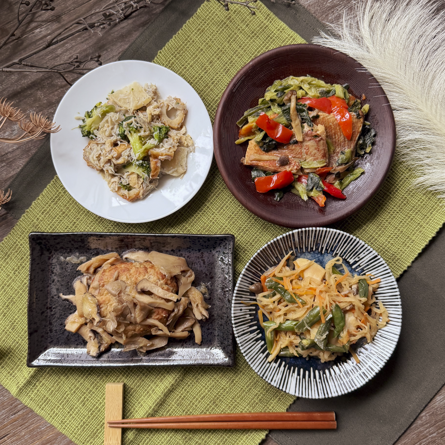 白身魚の西京漬けと和風ハンバーグのパワープレート